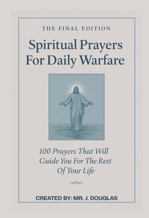 A powerful Christian poster titled “Spiritual Prayers for Daily Warfare” by Mr. J. Douglas. The image shows a kneeling man praying beneath a radiant golden cross breaking through stormy clouds, with beams of light symbolizing divine healing and strength. An open Bible glows at his feet. Text reads “Find Healing, Strength & Peace Through Prayer” and “100 Prayers That Will Guide You for the Rest of Your Life.” Visit www.booksbydouglas.com
 for a range of mental health books