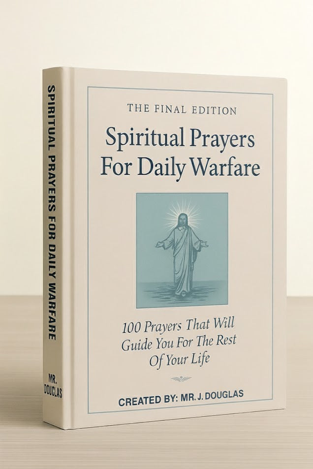 A powerful Christian poster titled “Spiritual Prayers for Daily Warfare” by Mr. J. Douglas. The image shows a kneeling man praying beneath a radiant golden cross breaking through stormy clouds, with beams of light symbolizing divine healing and strength. An open Bible glows at his feet. Text reads “Find Healing, Strength & Peace Through Prayer” and “100 Prayers That Will Guide You for the Rest of Your Life.” Visit www.booksbydouglas.com
 for a range of mental health books