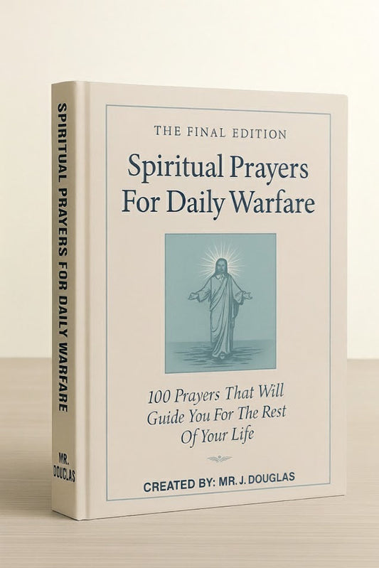 A powerful Christian poster titled “Spiritual Prayers for Daily Warfare” by Mr. J. Douglas. The image shows a kneeling man praying beneath a radiant golden cross breaking through stormy clouds, with beams of light symbolizing divine healing and strength. An open Bible glows at his feet. Text reads “Find Healing, Strength & Peace Through Prayer” and “100 Prayers That Will Guide You for the Rest of Your Life.” Visit www.booksbydouglas.com
 for a range of mental health books
